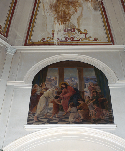 Ensemble de 6 peintures monumentales : Jésus bénissant les enfants, saint Julien, saint Aldric, saint Georges, saint Paul, Jésus parmi les docteurs