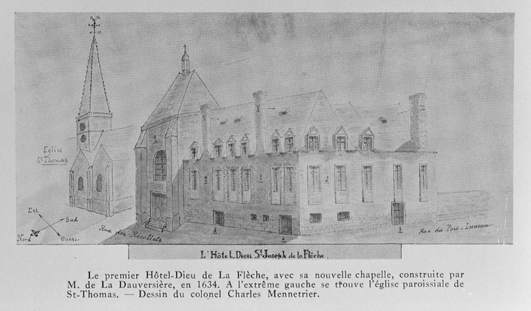 'L'Hôtel Dieu St Joseph de La Flèche', d'après un dessin par Charles Mennetrier vers 1938.