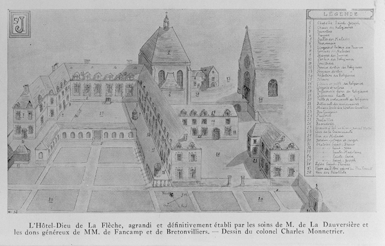 Vue cavalière depuis le sud, d'après un dessin par Charles Mennetrier vers 1938.