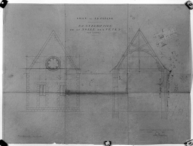 Restauration de la salle des fêtes aux Carmes', élévation ouest et coupe transversale de l'ancienne chapelle Notre-Dame-du-Chef-de-Pont.