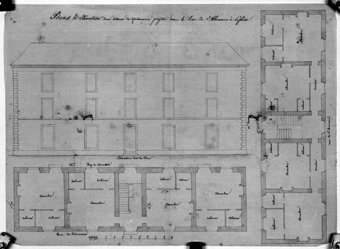 'Plans et élévations d'une caserne de gendarmerie projetée dans la rue de l'Abreuvoir à La Flèche'.