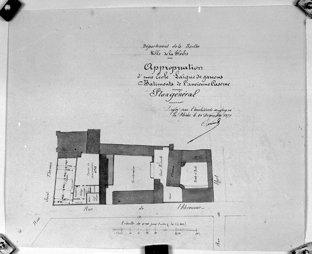 'Appropriation d'une école laïque de garçons. Bâtiments de l'ancienne caserne, plan général'.