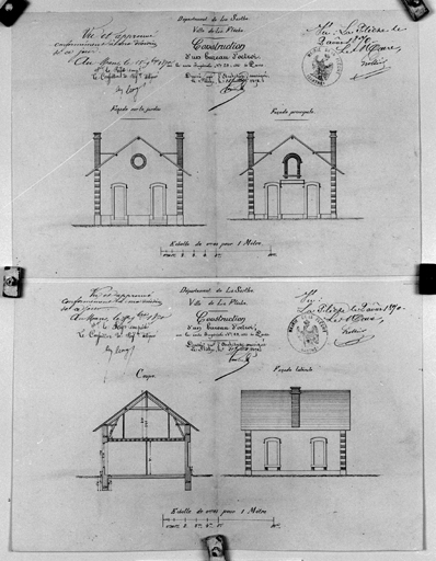 Bureau d'octroi boulevard de Montréal, élévations, coupes.