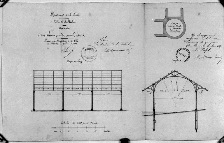 Coupes transversale et longitudinale du lavoir rue Saint-Louis.