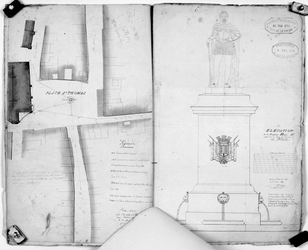 Plan masse et face du monument, sans la retombe, premier projet de piédestal.