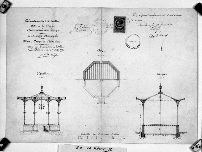 'Construction d'un kiosque pour la musique municipale', plan, coupes, élévation.