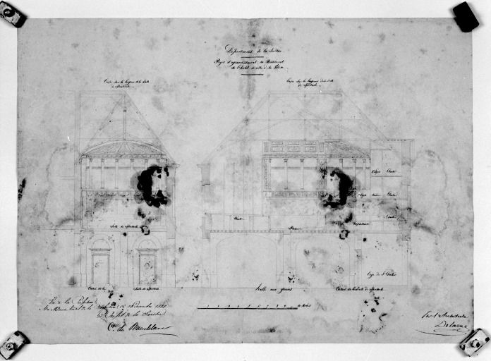 'Projet d'agrandissement de l'hôtel de ville de La Flèche. Coupe sur la largeur de la salle du spectacle.