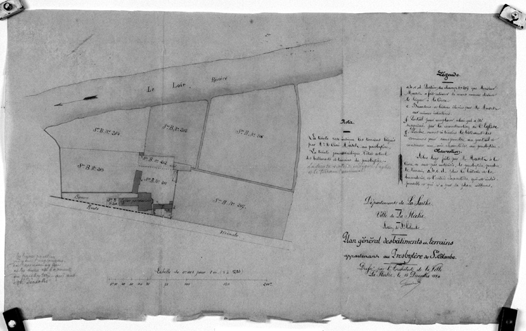 'Plan général des bâtiments et terrains apparrtenant au Presbytère de Ste Colombe', lavis, par Edouard Sevin, 1884