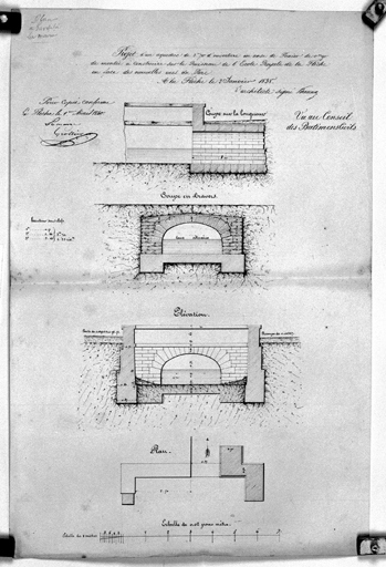 'Projet d'un aqueduc sur le ruisseau de l'Ecole Royale de La Flèche en face des nouvelles rues du Parc, plan, élévation, coupe'.