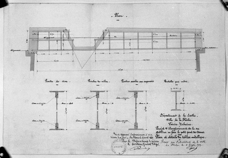 'Projet d'élargissement de la rue Grollier en face le petit pont des Carmes. Plan et détails du tablier métallique', lavis, par Edouard Sevin, 1889