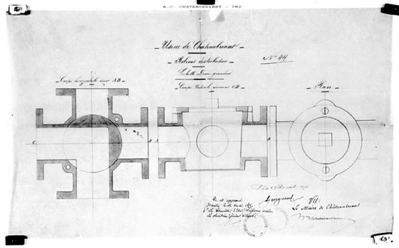 'Robinet-distributeur', coupes, plan.