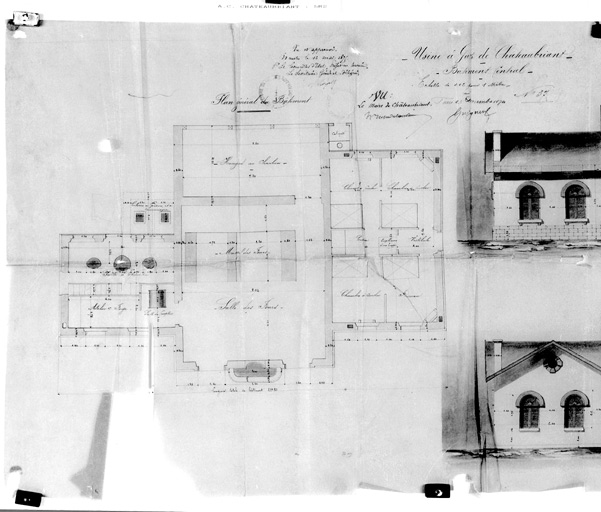 'Bâtiment central', plans, élévations (partie gauche).