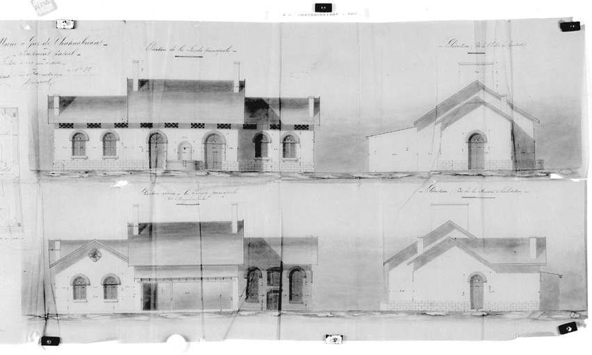 'Bâtiment central', plans, élévations (partie droite).