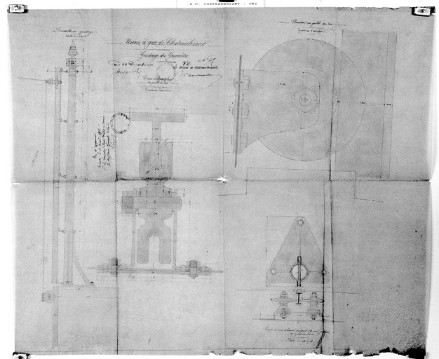 'Guidage du gazomètre', relevés, coupes.