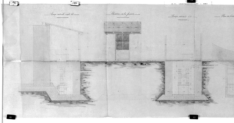 'Bâtiment du régulateur de pression' (partie gauche : coupe, élévation), lavis, par Alphonse Guéguen, 1874