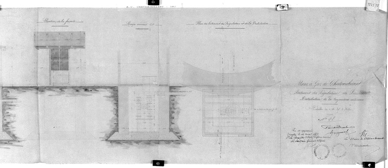 'Bâtiment du régulateur de pression' (partie droite : élévation, coupe, plan), lavis, par Alphonse Guéguen, 1874