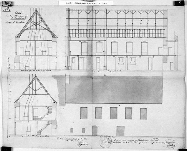 'Salle verte', coupes, élévation.