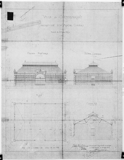 'Construction d'un marché couvert', élévations, plan, coupe.