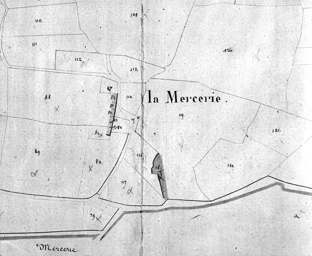 Extrait du plan cadastral de 1832, section G 1, n° 82-86, éch. = 1/2500e