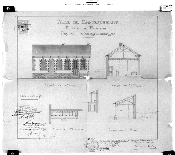 Ecole rue Marcel-Viaud, 'projet d'agrandissement', élévation, plan, coupes.