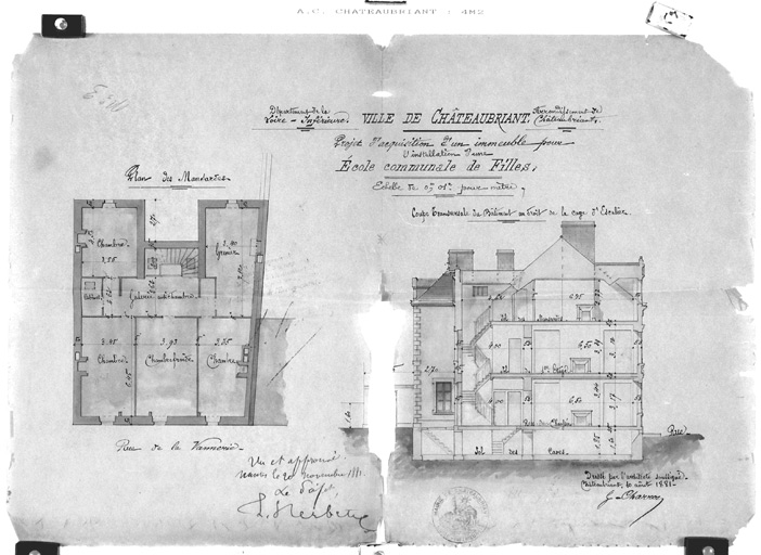 Ecole rue Marcel Viaud, 'plan des mansardes, coupe au droit de la cage d'escalier'.