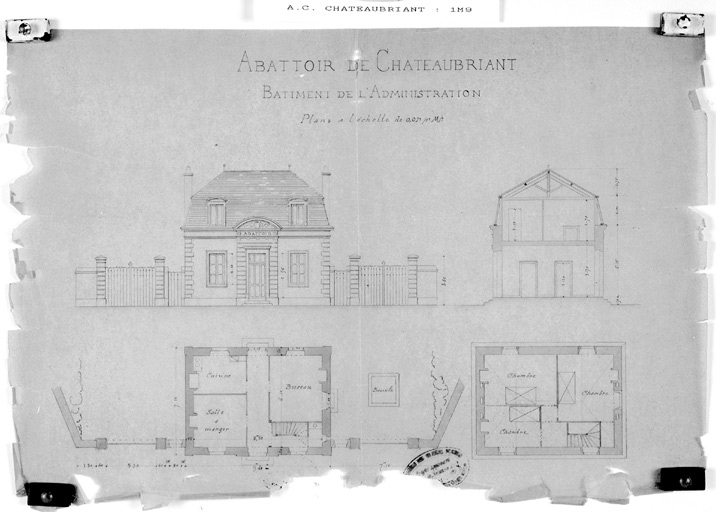 'Bâtiment de l'administration', élévation, plans, coupe.