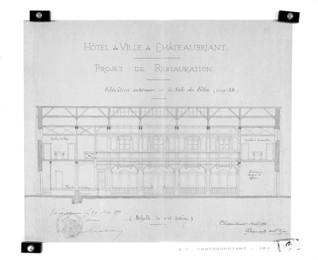 'Projet de restauration, élévation intérieure de la salle des fêtes', lavis, par Désarnaud, 1893