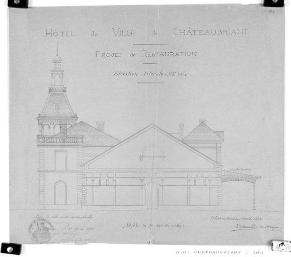 'Projet de restauration, élévation latérale (côté est)'.