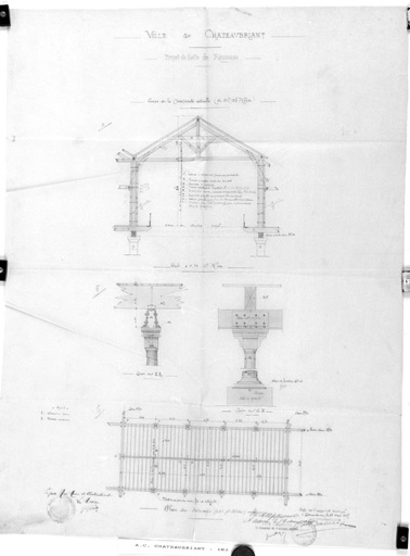 'Projet de salle de réunion, coupe de la charpente actuelle, plan de solivage'.