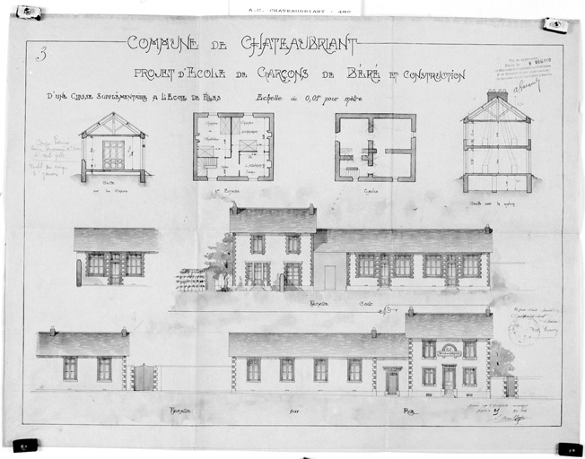 Ecole rue Annie Gaultier-Grosdoy, plan d'école de garçons, plans, coupes, élévations.