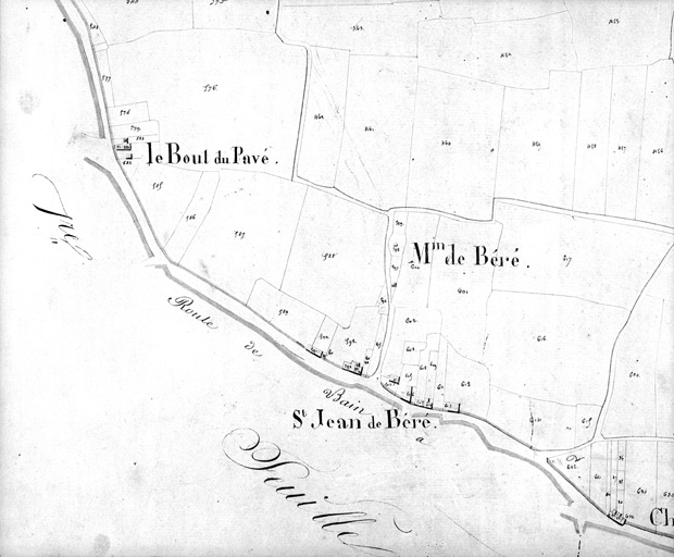 Moulin de Béré, extrait du plan cadastral de 1832, section A 3, n° 406, 410, éch. = 1/3000e.