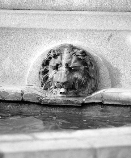 Robinet orné d'un mufle de lion sur la face antérieure du piédestal.