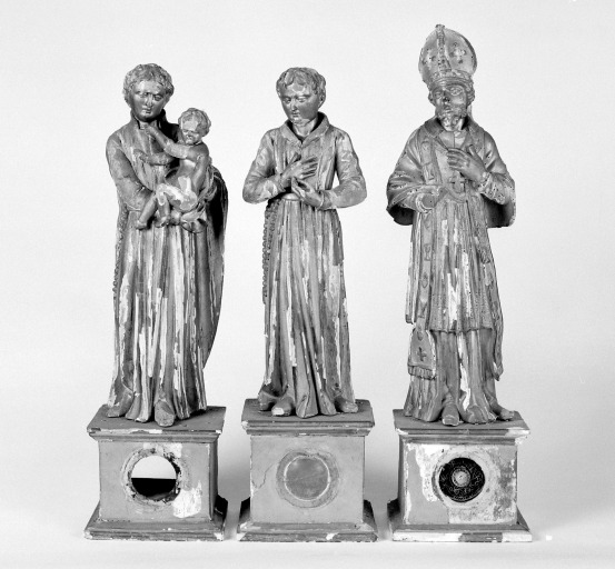 Ensemble de 4 statues reliquaires (n° 1) : saint Stanislas Kostka, saint Louis de Gonzague, saint François de Sales, sainte Jeanne de Chantal