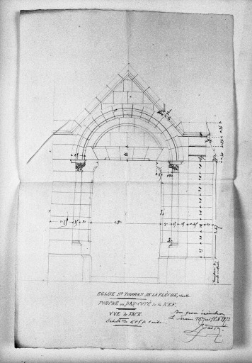 'Porche du bas-coté de la nef, vue de face', dessin, par Ernest Rodier, 1873