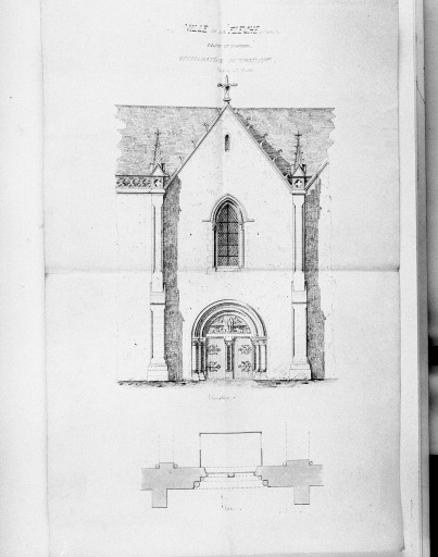 'Restauration du transept', élévation et plan du mur pignon nord, dessin, [par Rodier, vers 1873]