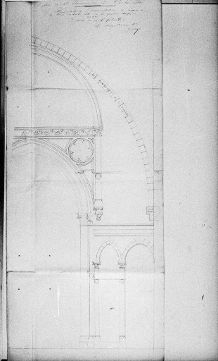 Détail de l'arc diaphragme du transept du côté de la nef, dessin, par Ernest Rodier, 1870