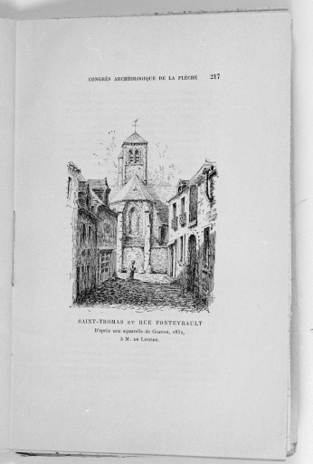 'Saint-Thomas et rue Fontevrault', choeur de l'église d'après une aquarelle par Gaston en 1852.