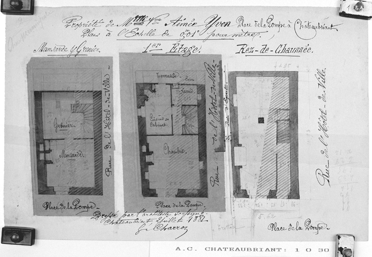 Maison place de la Pompe, plan du rez-de-chaussée, de l'étage carré et de l'étage de comble.