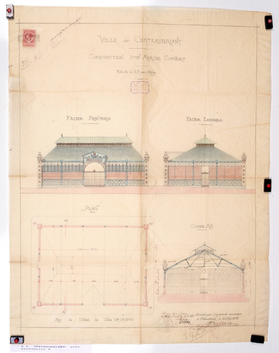 'Construction d'un marché couvert', élévations, plan, coupe.
