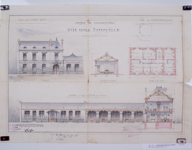 'Projet de construction d'une école maternelle', élévations, plan, coupe.