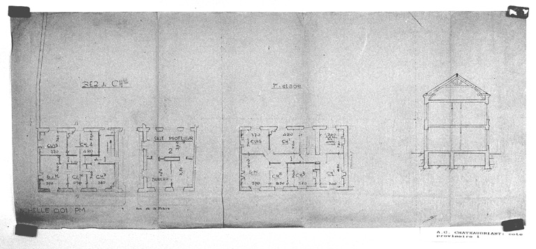 Plans du rez-de-chaussée et du premier étage, coupe.