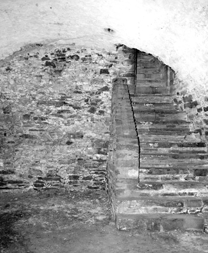 Escalier du sous-sol et mur sud du du pavillon nord-est, à l'extrémité du logis 2.