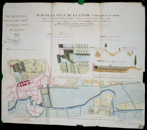 'Plan d'une partie de la ville de La Flèche et de ses environs accompagné des plans, profil et élévation du batardeau à construire dans les douves du château de la Varenne', détail, plan de la ville.