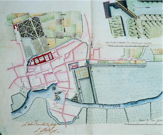 'Plan d'une partie de la ville de La Flèche et de ses environs accompagné des plans, profil et élévation du batardeau à construire dans les douves du château de la Varenne', détail, plan de la ville.