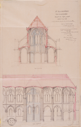 Coupes transversale et longitudinale, d'après un dessin de E. Boismen en 1873.