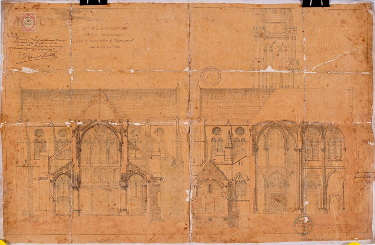 Coupe transversale de la nef, coupe suivant l'axe du transept.