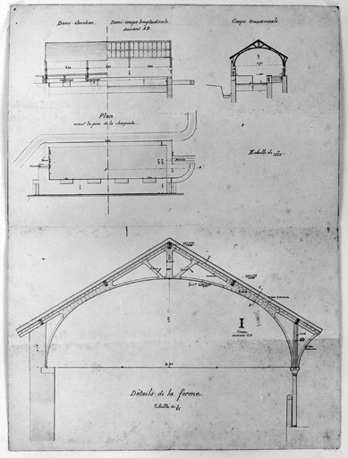 Lavoir : plan coupe, détail de la ferme.