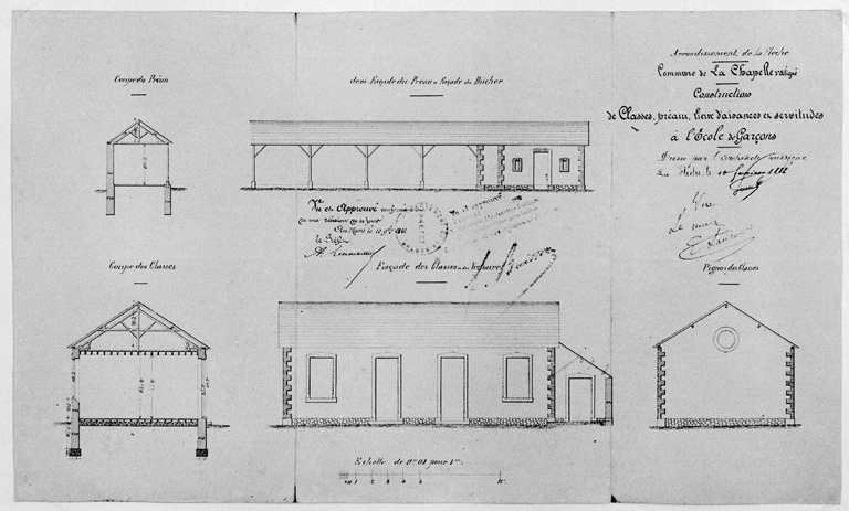 'Construction de classes, préau, lieu d'aisance et servitudes à l'école de garçons'.