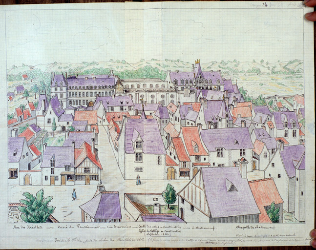 Vue cavalière depuis le sud du collège et d'une partie de la ville, dessin d'après un lavis de Martellange en 1612 (B.N. : Ub 9 rés. pl. 28), [par Raoul Digard, première moitié du XXe siècle]