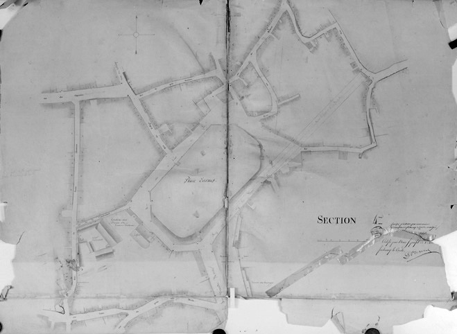 'Plan d'alignement de la ville de Fontenay-le-Comte, terminé en février 1826 sous l'administration de Mr de Vassé, Maire, par le Sr R.Gosse, conducteur des Ponts et Chaussées'. Section 4ème au 1/500e.